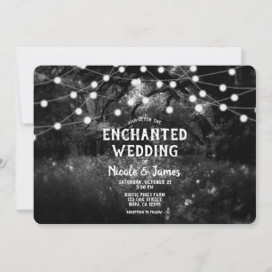 Invitation Noir Blanc Rustique Enchanted Forest Lumières Mari