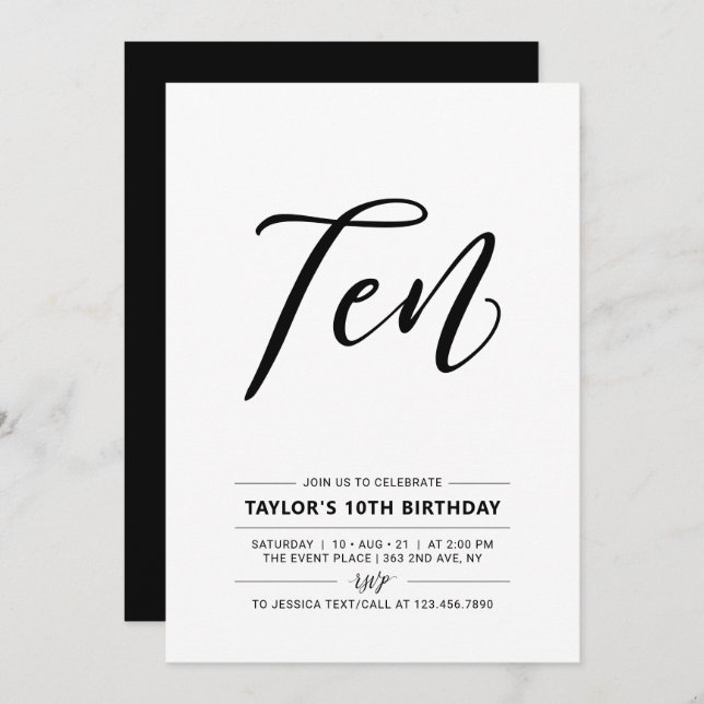 Invitation Noir & Blanc Simple 10e Ado Anniversaire Fête Invi (Devant / Derrière)