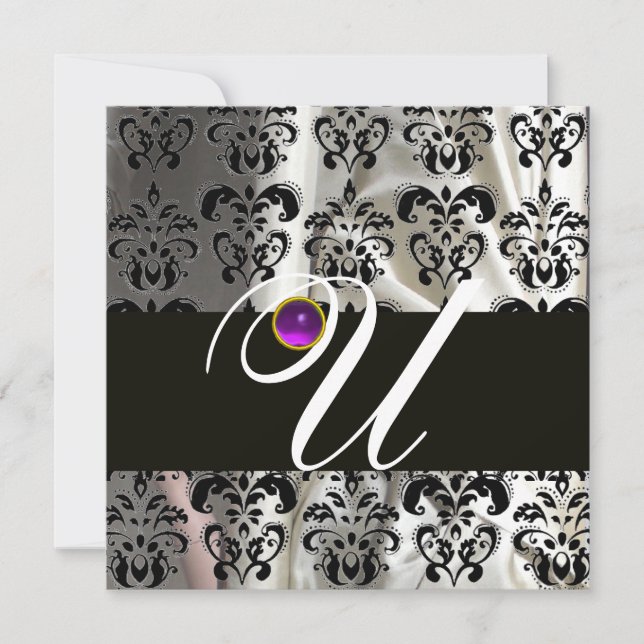 INVITATION NOIR BLANC SOIE DAMASSÉ MONOGRAMME VIOLET AMÉTHYST (Devant)