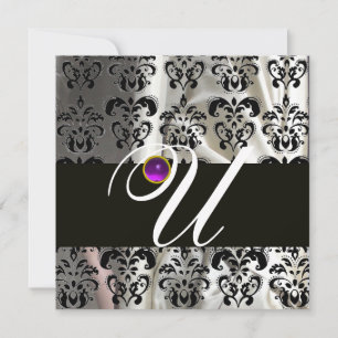 INVITATION NOIR BLANC SOIE DAMASSÉ MONOGRAMME VIOLET AMÉTHYST