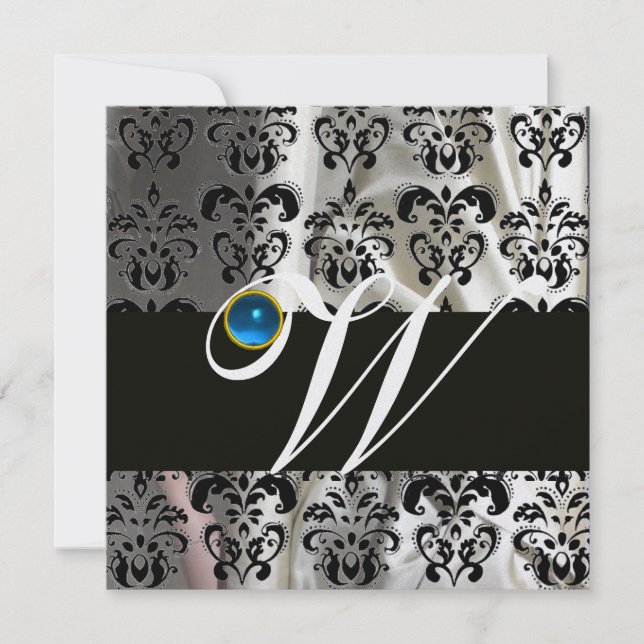 INVITATION NOIR BLANC SOIE DAMASSÉE MONOGRAMME BLEU SAPPHIR (Devant)