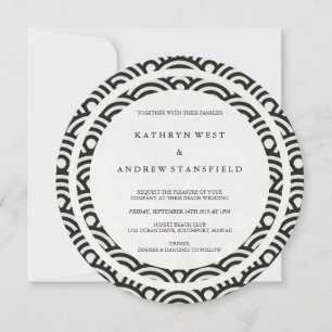 Invitation Noir + Blanc Stylisé Vagues Élégantes Mariage plag