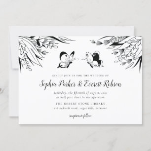 Invitation Noir Blanc Stylo Encre Papillon Floral Mariage