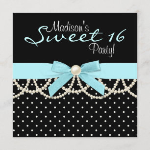 Invitation Noir Blanc Turquoise Bleu Doux 16 Anniversaire