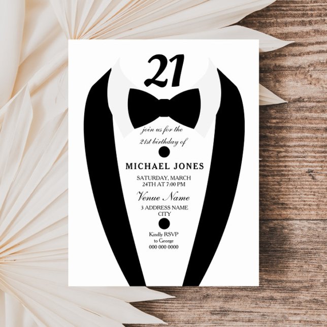 Invitation Noir blanc Tuxedo Mens 21ème anniversaire Invitati (Créateur téléchargé)