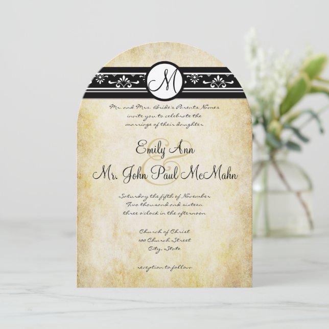 Invitation Noir Blanc Vieux argent Rustique Elegance Mariage  (Debout devant)