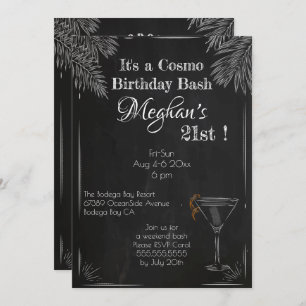 Invitation Noir Blanc Vintage Chalk 21ème Cosmo Anniversaire 