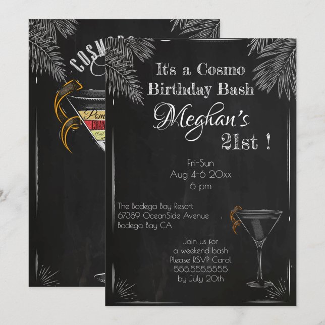 Invitation Noir Blanc Vintage Chalk 21ème Cosmo Anniversaire  (Devant / Derrière)