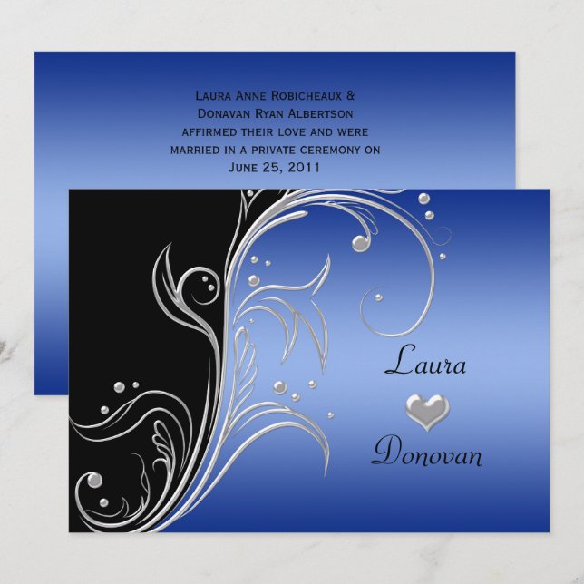 Invitation Noir Bleu Argent Floral Tourbillons Réception Seul (Devant / Derrière)