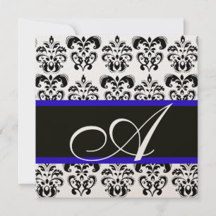 INVITATION NOIR, BLEU & BLANC CHAMPAGNE DAMAS MONOGRAMME