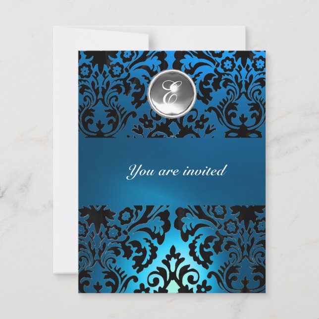 Invitation NOIR & BLEU DAMASK GEM PIERRE MONOGRAMME blanc (Devant)