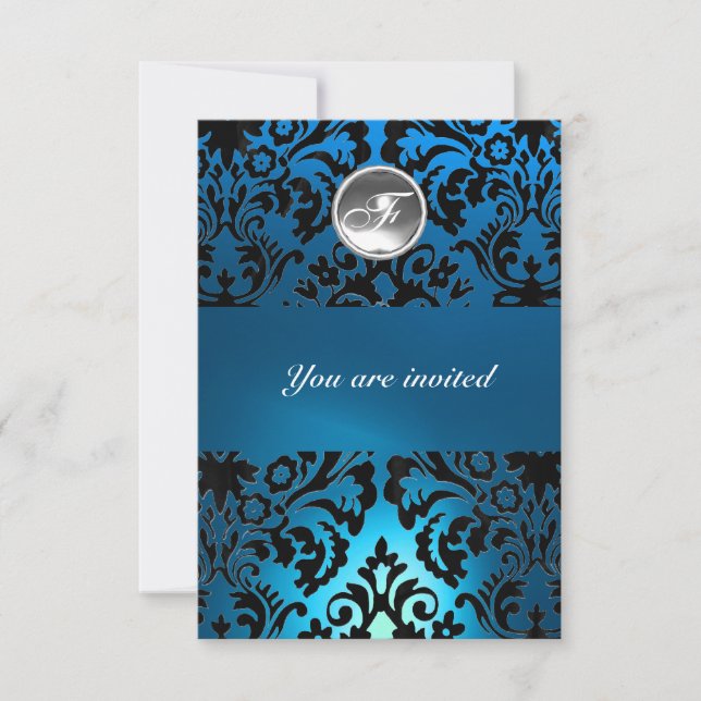 Invitation NOIR & BLEU DAMASK GEM PIERRE MONOGRAMME blanc (Devant)