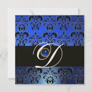 INVITATION NOIR BLEU DAMASK MONOGRAM SAPPHIRE CHAMPAGNE