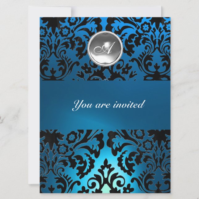 Invitation NOIR & BLEU DAMASSÉ PIERRE GEMME MONOGRAMME blanc (Devant)