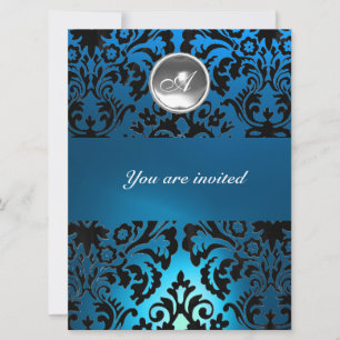 Invitation NOIR & BLEU DAMASSÉ PIERRE GEMME MONOGRAMME blanc