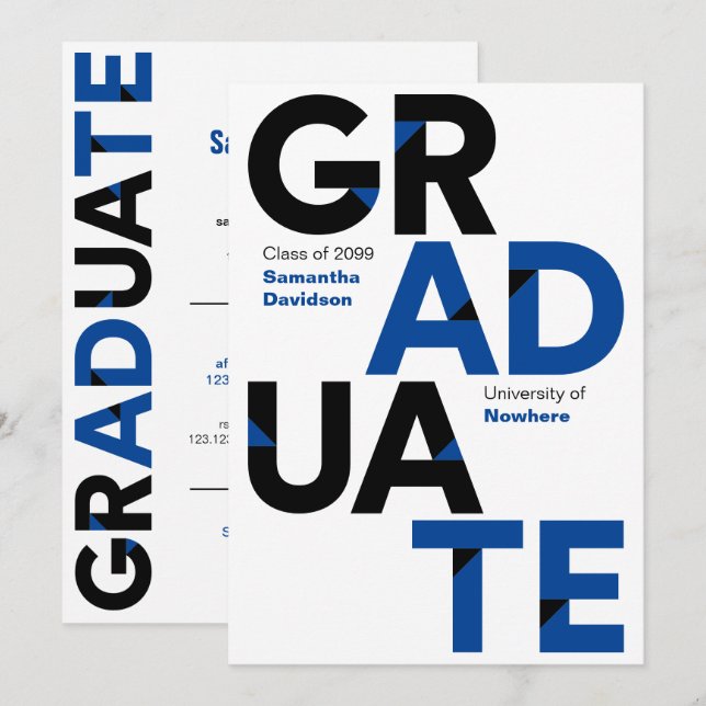 Invitation Noir & Bleu Gros Gras Lettres Angle-Coupe Graduati (Devant / Derrière)