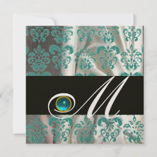 INVITATION NOIR BLEU SOIE DAMAS MONOGRAMME AQUAMARINE