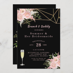 Invitation Noir Blush Pink Gold Floral Brunch et Bubbly