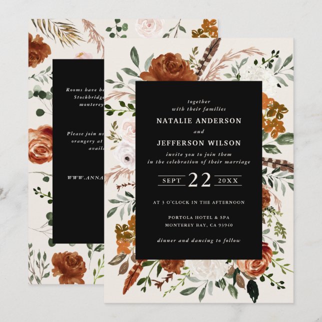 Invitation Noir botanique floral élégant détails de mariage Q (Devant / Derrière)
