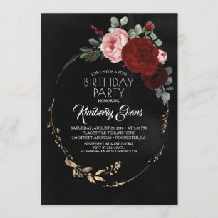 Invitation Noir Bourgogne Rouge et or Floral moderne Annivers