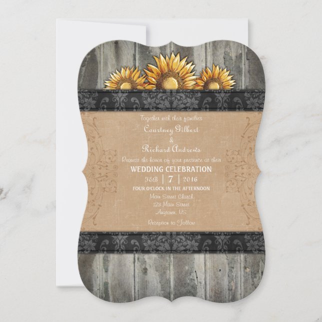 Invitation Noir Brown Rustique Mariage de tournesol Invite (Devant)