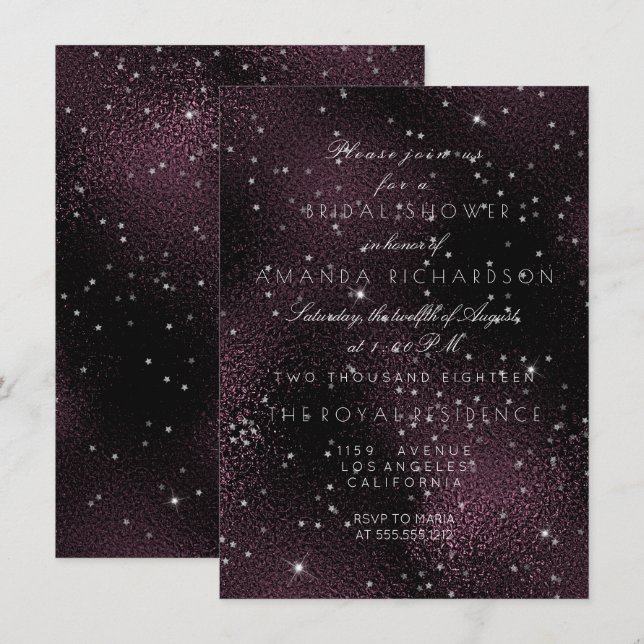 Invitation Noir Burgundy Silver Stars Bridal Bachelorette (Devant / Derrière)