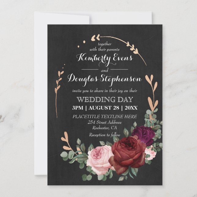 Invitation Noir Chalkboard Bourgogne Gold Rose Boho Mariage (Devant)