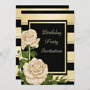 Invitation Noir chic et anniversaire floral rayé d'or