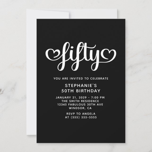 Invitation Noir Cinquante Coeurs mignons Script 50e anniversa (Devant)
