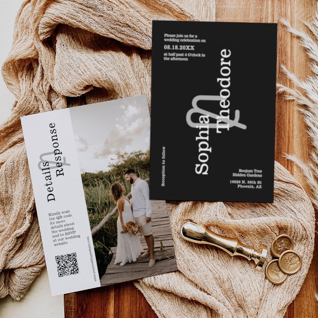Invitation Noir classique Moderne Minimal Mariage QR Code pho (Créateur téléchargé)