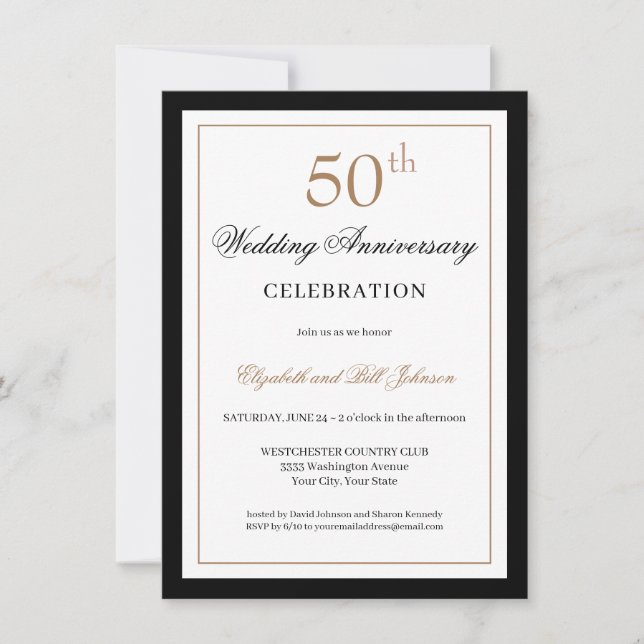 Invitation Noir Classique Or 50e Anniversaire de Mariage (Devant)