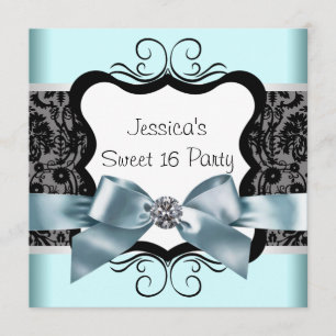 Invitation Noir Damas Turquoise Bleu Noir Doux 16 Anniversair