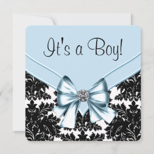 Invitation Noir Damask Baby shower bleu et noir