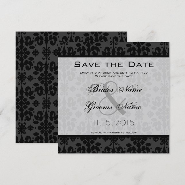 Invitation Noir Damask Éperles mariage Enregistrer la date (Devant / Derrière)