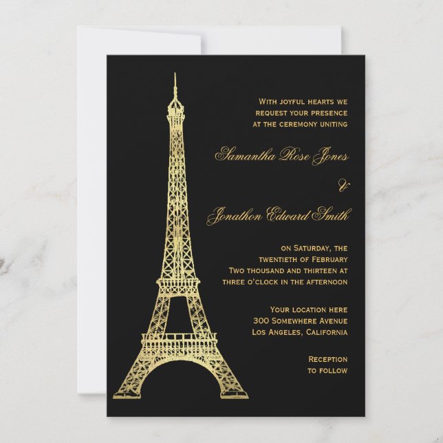 Invitation Noir de Tour Eiffel et mariage parisiens d'or (Devant)