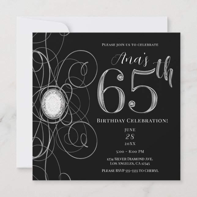 Invitation Noir & Diamant Argent 65 Fête d'anniversaire 65 an (Devant)