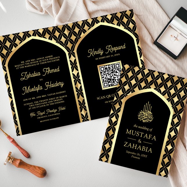 Invitation Noir Diamants d'Or Arch Code QR Mariage Musulman (Créateur téléchargé)