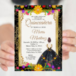 Invitation Noir d'or avec fleurs mexicaines Quinceañera<br><div class="desc">Black or aux fleurs mexicaines Quinceañera Invitation Mis Quince Anos,  15e anniversaire, </div>