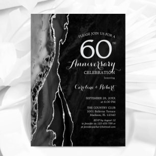 Invitation Noir Élégant Argent 60e Anniversaire