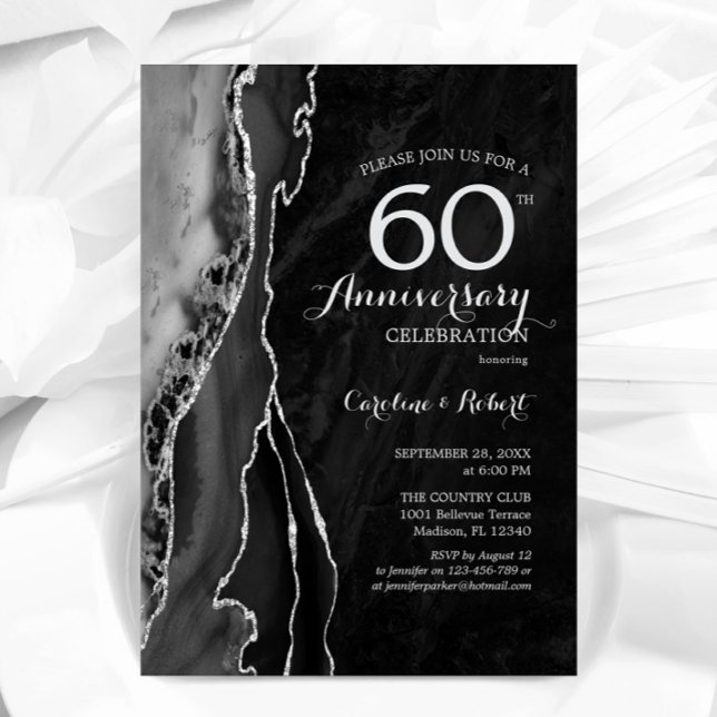 Invitation Noir Élégant Argent 60e Anniversaire (Créateur téléchargé)
