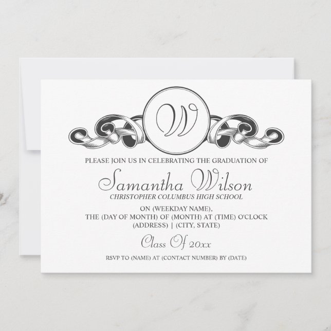 Invitation Noir élégant de ruban de monogramme d'obtention du (Devant)