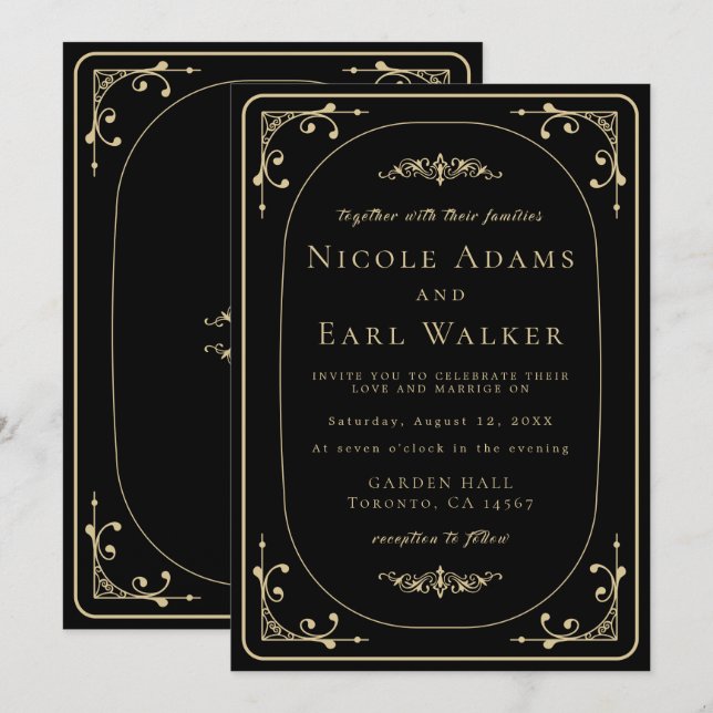 Invitation Noir Elegant Deco Gold Retro Mariage (Devant / Derrière)