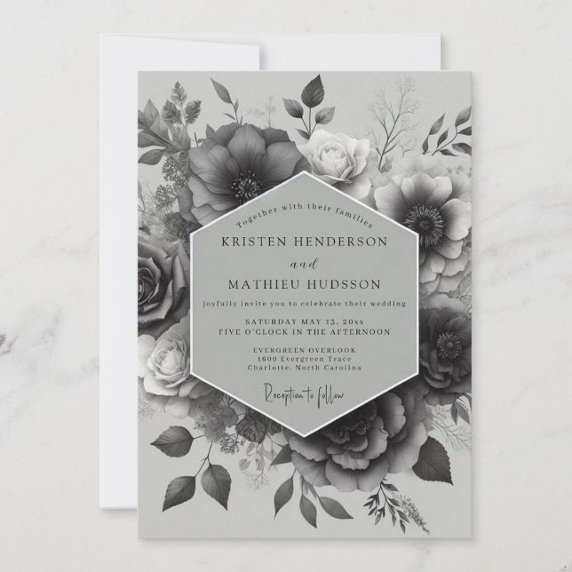 Invitation Noir Élégant Fleur Mariage (Devant)