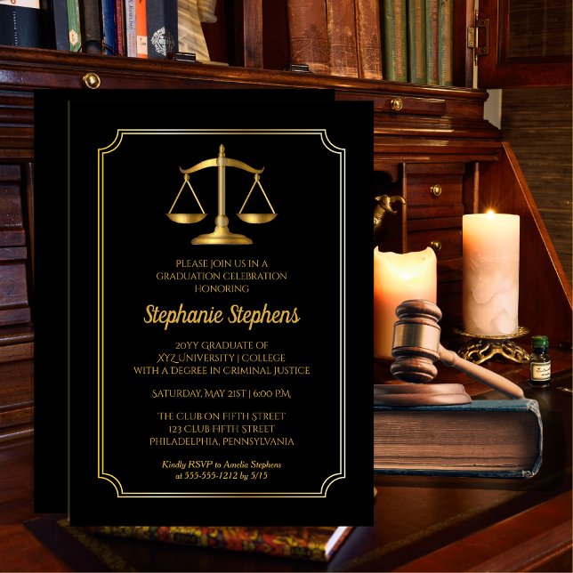 Invitation Noir élégant | Gold Law Attorney Graduation Party (Elegant Black and Gold Tone Scales Law Lawyer | Attorney Graduation Party Invitation)