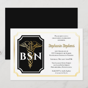 Invitation Noir élégant   Gold Nurse BSN Graduation Party