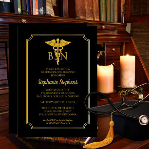 Invitation Noir élégant   Gold Nurse BSN Graduation Party