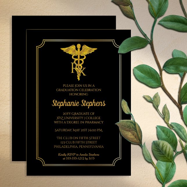 Invitation Noir élégant | Gold Rx Pharmacy Graduation Party (Elegant Black and Gold Tone "RX" Pharmacy Graduation Party Invitation -- Print and/or Download)