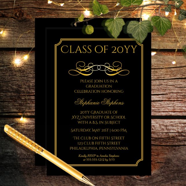 Invitation Noir élégant | Gold University Graduation Party (Elegant Black and Gold Tone University Graduation Party Invitation for Print and/or Download)