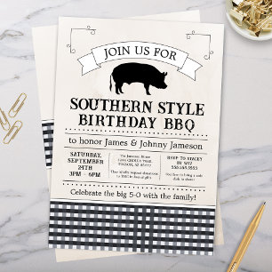 Invitation Noir En vichy Sud BBQ Pig Roast Anniversaire