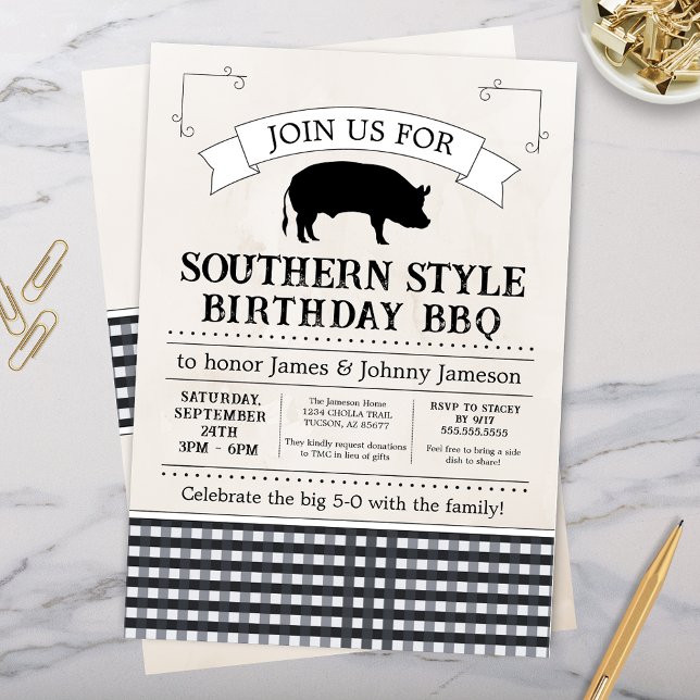Invitation Noir En vichy Sud BBQ Pig Roast Anniversaire (Southern Style BBQ Cookout Birthday Party Invitation with Black and White Gingham)